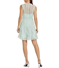 Mac Duggal Illusion Mock Neck Sleeveless Mesh Micro Ruffle Mini Dress