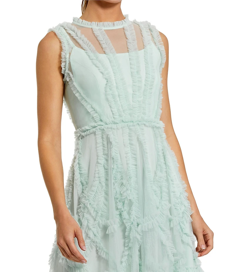 Mac Duggal Illusion Mock Neck Sleeveless Mesh Micro Ruffle Mini Dress