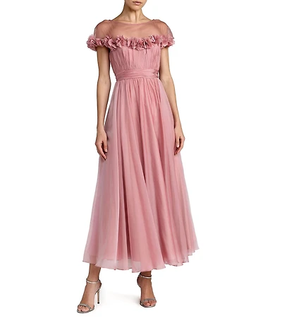 Mac Duggal Illusion Neck 3D Ruffle Off The Shoulder Midi Dress
