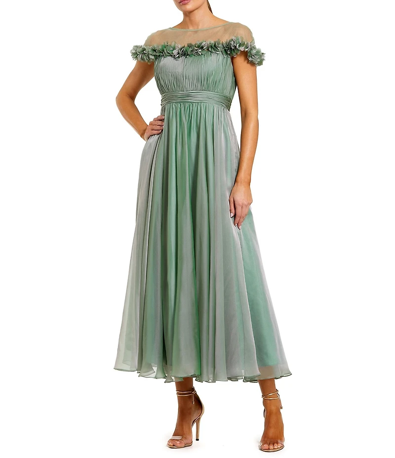 Mac Duggal Illusion Neck 3D Ruffle Off The Shoulder Midi Dress