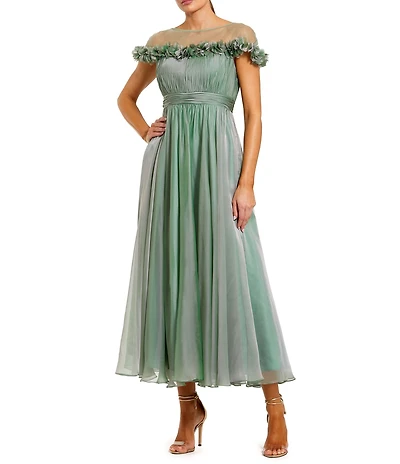 Mac Duggal Illusion Neck 3D Ruffle Off The Shoulder Midi Dress