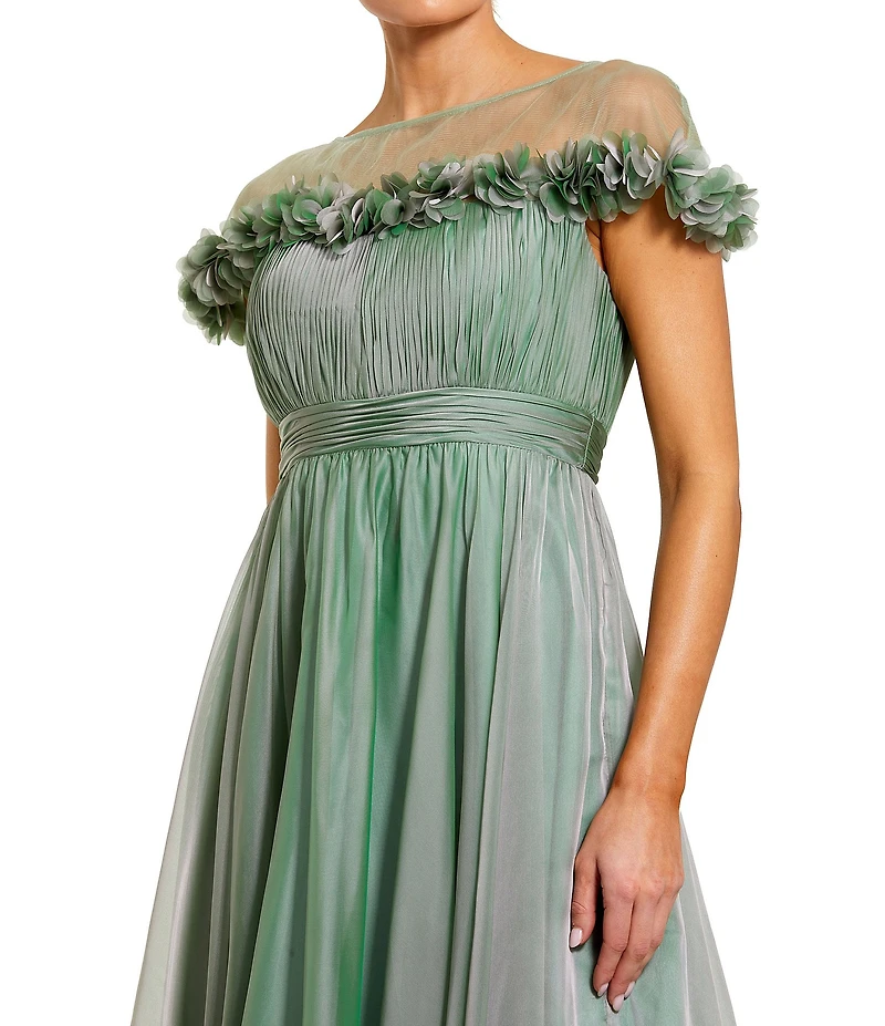 Mac Duggal Illusion Neck 3D Ruffle Off The Shoulder Midi Dress