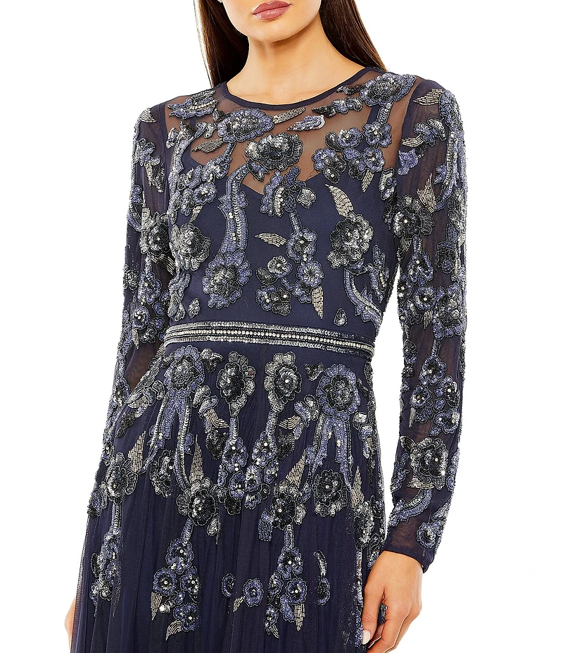 Mac Duggal Illusion Neck Sheer Long Sleeve Floral Beaded Aline Mesh Gown