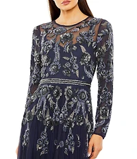 Mac Duggal Illusion Neck Sheer Long Sleeve Floral Beaded Aline Mesh Gown