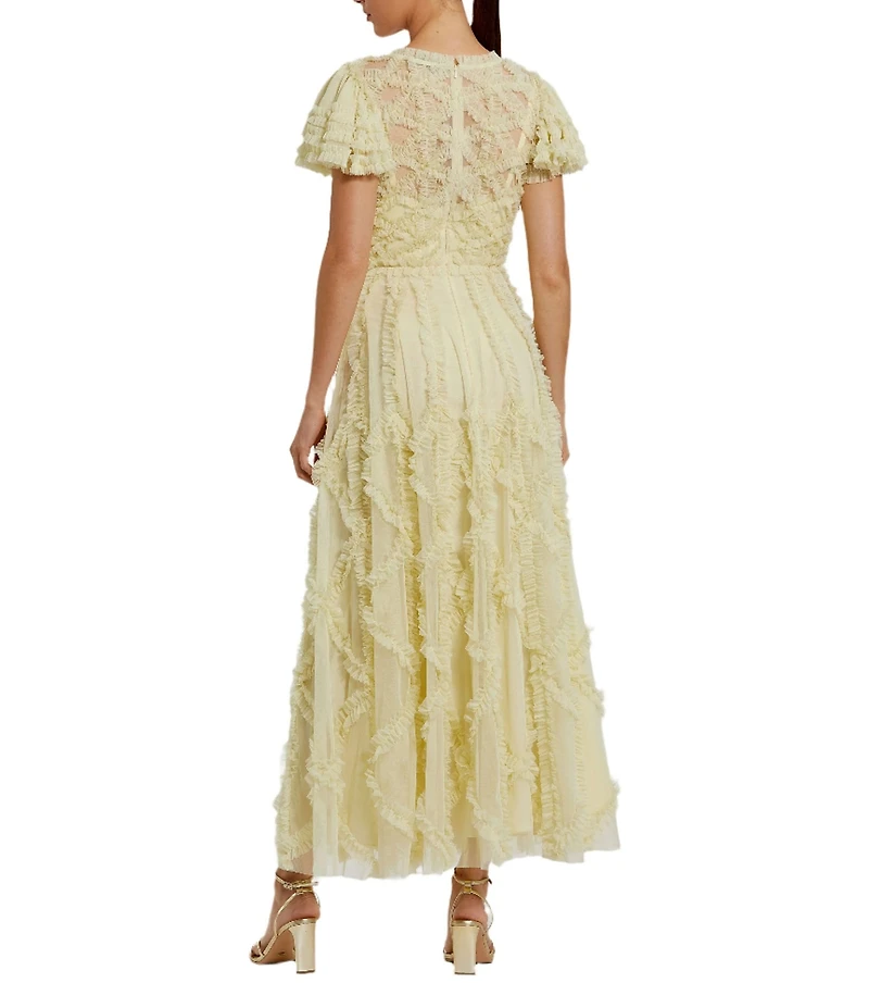Mac Duggal Illusion Neck Short Flutter Sleeves Micro Ruffle Mesh A-Line Midi Dress