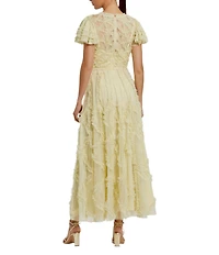 Mac Duggal Illusion Neck Short Flutter Sleeves Micro Ruffle Mesh A-Line Midi Dress