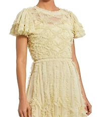 Mac Duggal Illusion Neck Short Flutter Sleeves Micro Ruffle Mesh A-Line Midi Dress