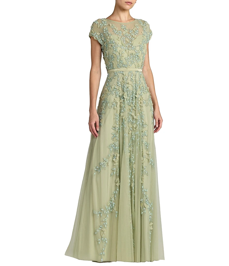 Mac Duggal Illusion Round Neck Cap Sleeve Floral Embellished Mesh A-Line Gown