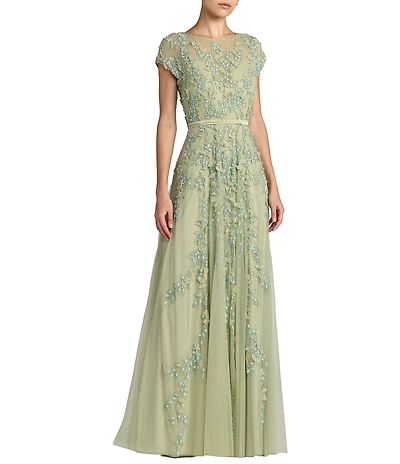 Mac Duggal Illusion Round Neck Cap Sleeve Floral Embellished Mesh A-Line Gown
