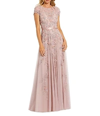 Mac Duggal Illusion Round Neck Cap Sleeve Floral Embellished Mesh Aline Gown