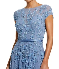 Mac Duggal Illusion Round Neck Cap Sleeve Floral Embellished Mesh Aline Gown