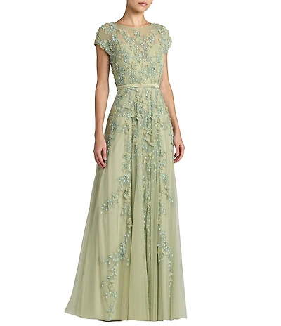 Mac Duggal Illusion Round Neck Cap Sleeve Floral Embellished Mesh Aline Gown