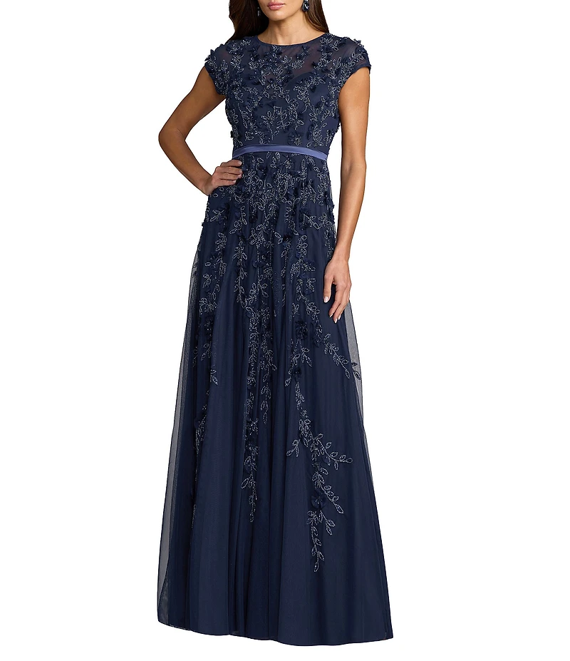 Mac Duggal Illusion Round Neck Cap Sleeve Floral Embellished Mesh A-Line Gown