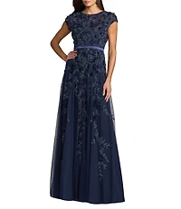 Mac Duggal Illusion Round Neck Cap Sleeve Floral Embellished Mesh A-Line Gown