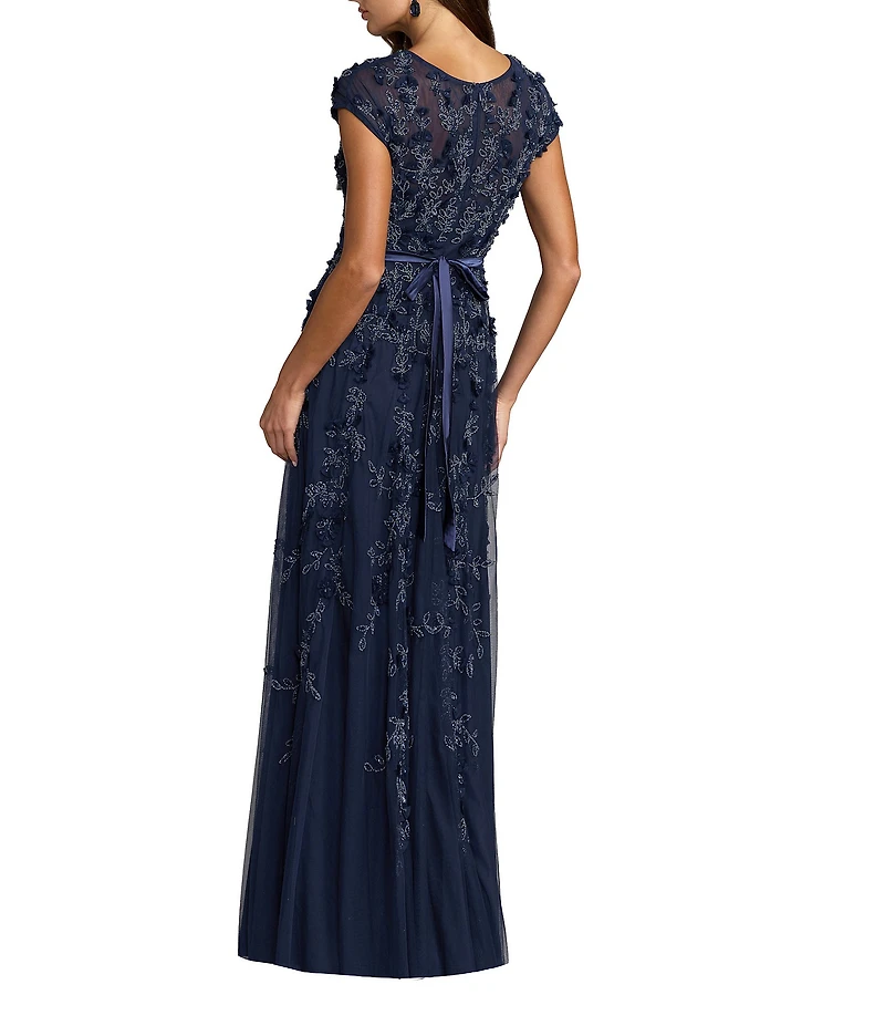 Mac Duggal Illusion Round Neck Cap Sleeve Floral Embellished Mesh A-Line Gown