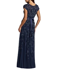 Mac Duggal Illusion Round Neck Cap Sleeve Floral Embellished Mesh A-Line Gown