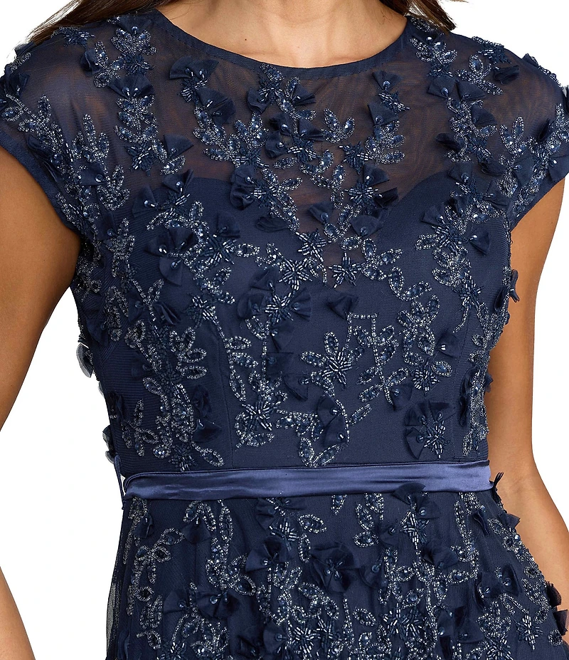 Mac Duggal Illusion Round Neck Cap Sleeve Floral Embellished Mesh A-Line Gown