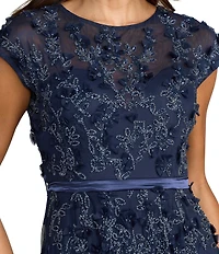 Mac Duggal Illusion Round Neck Cap Sleeve Floral Embellished Mesh A-Line Gown