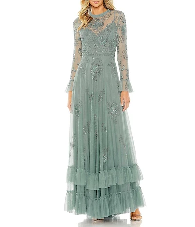 Mac Duggal Illusion Sleeve Embellished Long Gown