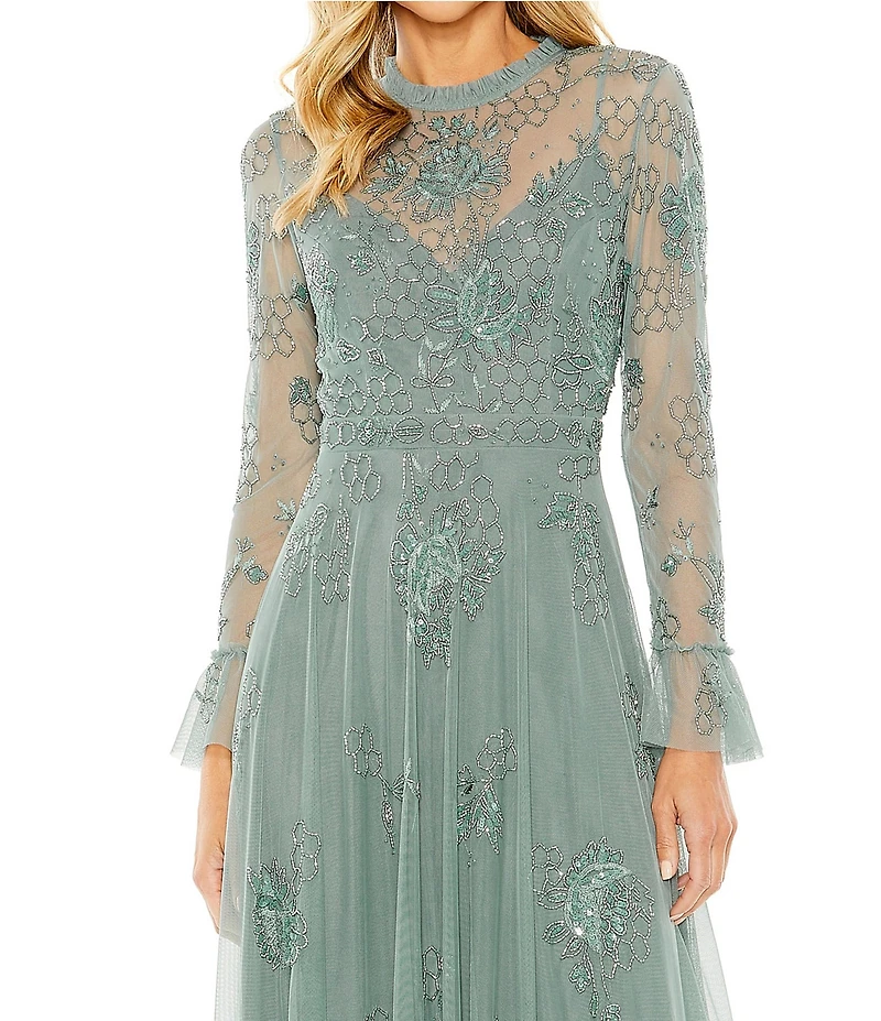 Mac Duggal Illusion Sleeve Embellished Long Gown