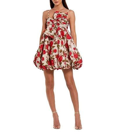 Mac Duggal Jacquard Sleeveless Front Bow Bubble Hem Mini Dress