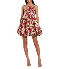 Mac Duggal Jacquard Sleeveless Front Bow Bubble Hem Mini Dress