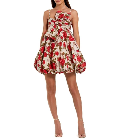 Mac Duggal Jacquard Sleeveless Front Bow Bubble Hem Mini Dress