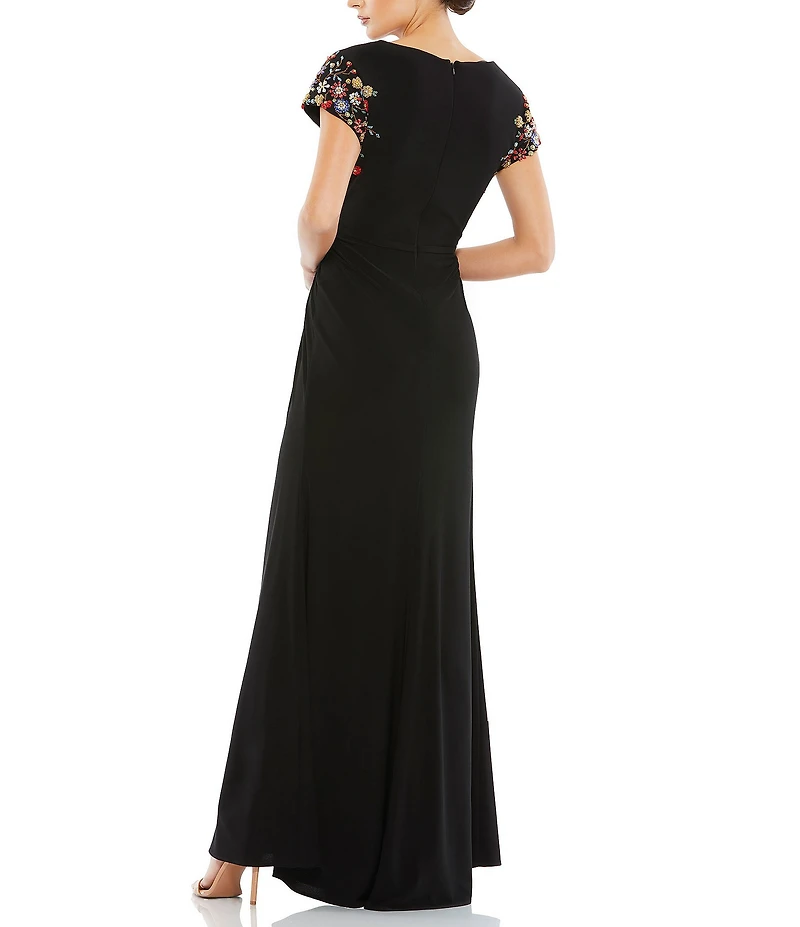 Mac Duggal Jersey Beaded Cap Sleeve V-Neck A-Line Dress