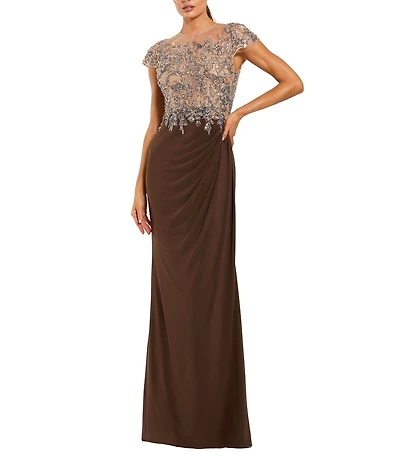 Mac Duggal Jersey Cap Sleeve Crystal Beaded Applique Sheath Gown