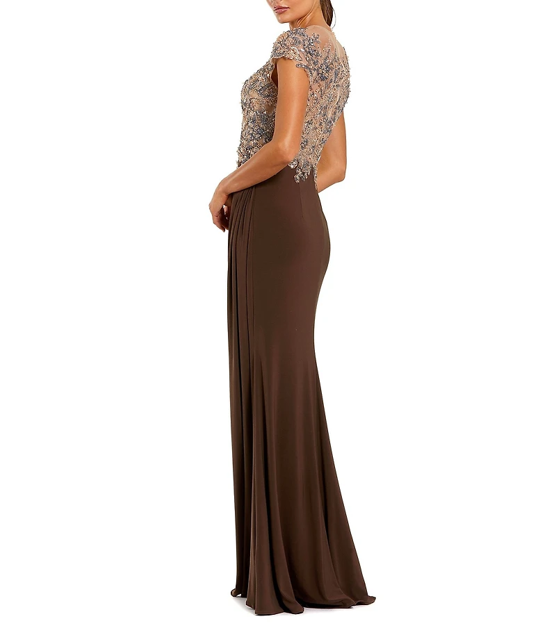 Mac Duggal Jersey Cap Sleeve Crystal Beaded Applique Sheath Gown