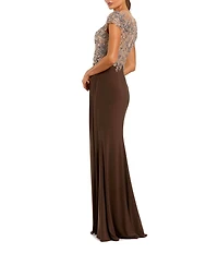 Mac Duggal Jersey Cap Sleeve Crystal Beaded Applique Sheath Gown