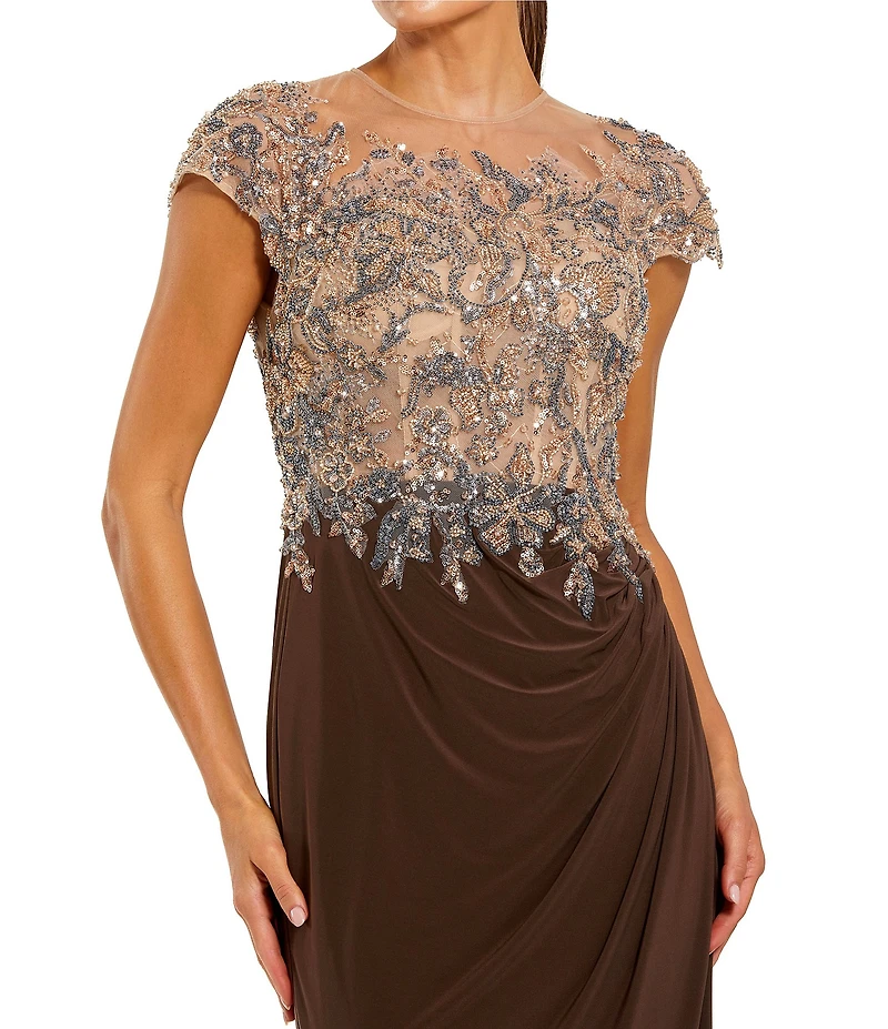 Mac Duggal Jersey Cap Sleeve Crystal Beaded Applique Sheath Gown