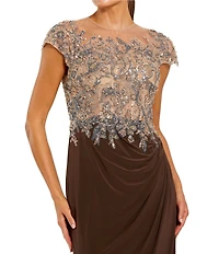 Mac Duggal Jersey Cap Sleeve Crystal Beaded Applique Sheath Gown
