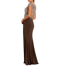 Mac Duggal Jersey Cap Sleeve Crystal Beaded Applique Sheath Gown