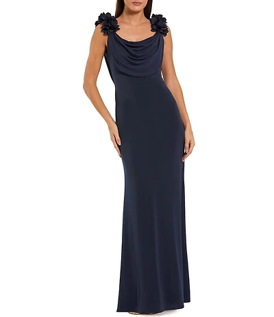 Mac Duggal Jersey Cowl Neck Gown With 3D Flower Straps