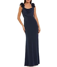 Mac Duggal Jersey Cowl Neck Gown With 3D Flower Straps