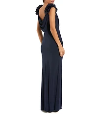 Mac Duggal Jersey Cowl Neck Gown With 3D Flower Straps