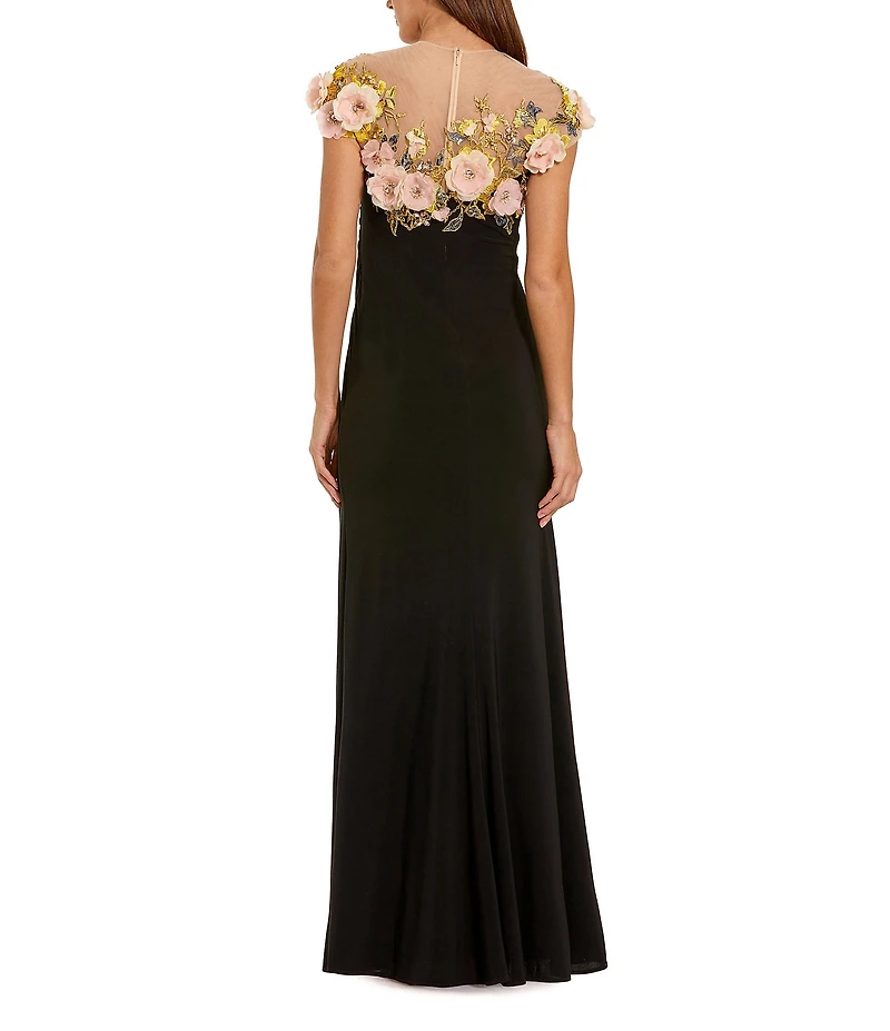 Mac Duggal Jersey Crew Illusion Neckline 3D Floral Embellishment Column Gown