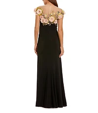 Mac Duggal Jersey Crew Illusion Neckline 3D Floral Embellishment Column Gown
