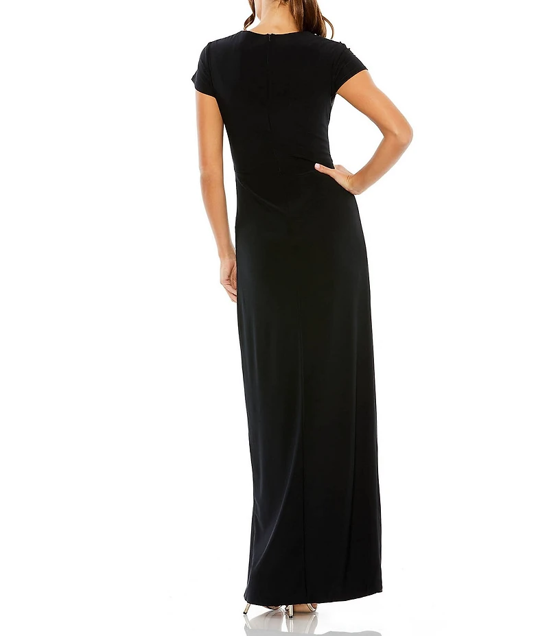 Mac Duggal Jersey Crew Neck Short Sleeve Side Beaded High Slit Sheath Gown