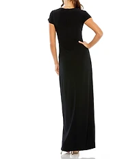 Mac Duggal Jersey Crew Neck Short Sleeve Side Beaded High Slit Sheath Gown