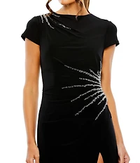 Mac Duggal Jersey Crew Neck Short Sleeve Side Beaded High Slit Sheath Gown