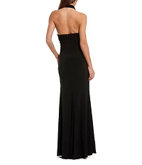 Mac Duggal Jersey Crossover Halter Neck Gown With 3D Flower