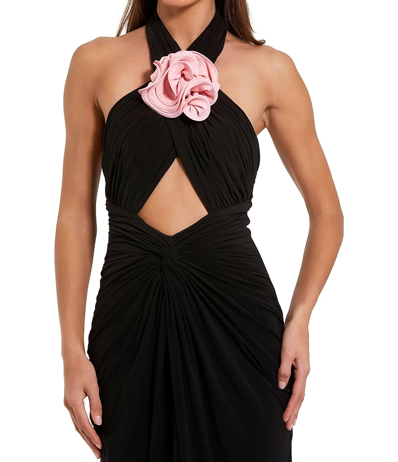 Mac Duggal Jersey Crossover Halter Neck Gown With 3D Flower