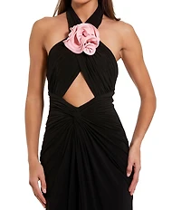 Mac Duggal Jersey Crossover Halter Neck Gown With 3D Flower