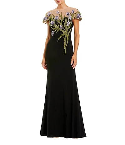 Mac Duggal Jersey Floral Embroidered Illusion Neck Gown