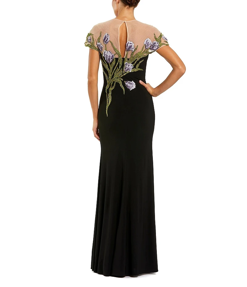 Mac Duggal Jersey Floral Embroidered Illusion Neck Gown