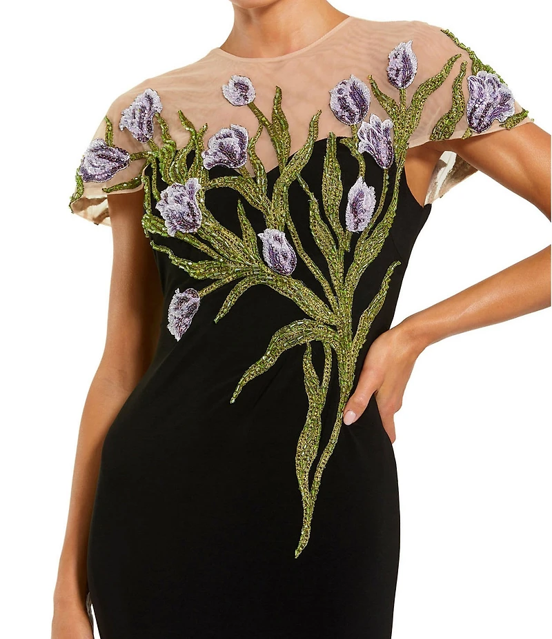 Mac Duggal Jersey Floral Embroidered Illusion Neck Gown