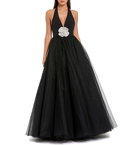 Mac Duggal Jersey Halter Ballgown With Tulle Skirt & Flower