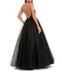 Mac Duggal Jersey Halter Ballgown With Tulle Skirt & Flower